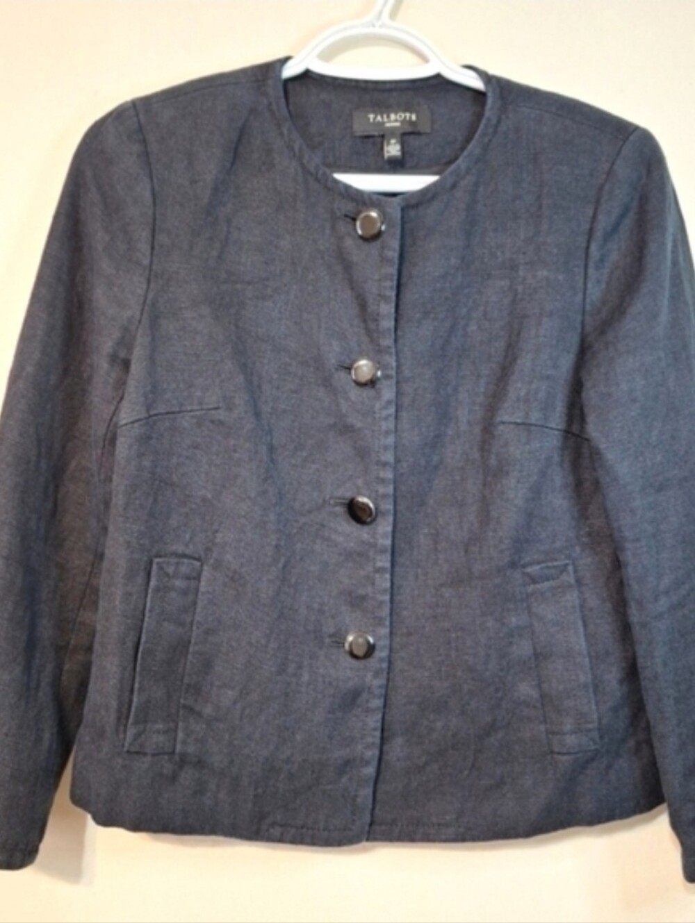 Talbots 100% Linen Collarless Blazer Jacket Navy 4P Quiet Luxury Minimalist - Picture 2 of 9